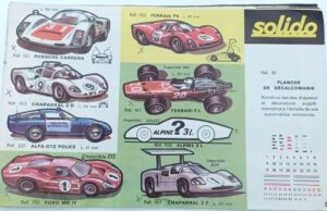 Une page d'un catalogue Solido montrant les premiers modèles sports prototype du milieu des année 60