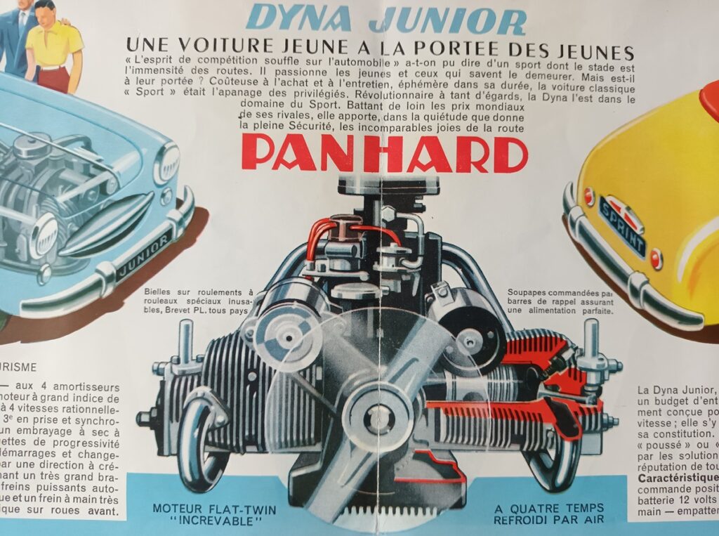 photo montrant le moteur bicylindre Panhard de face avec énumération des caractères  techniques de celui-ci  surplombé par un texte présentant l' auto comme la voiture des jeunes à la portée des jeunes.