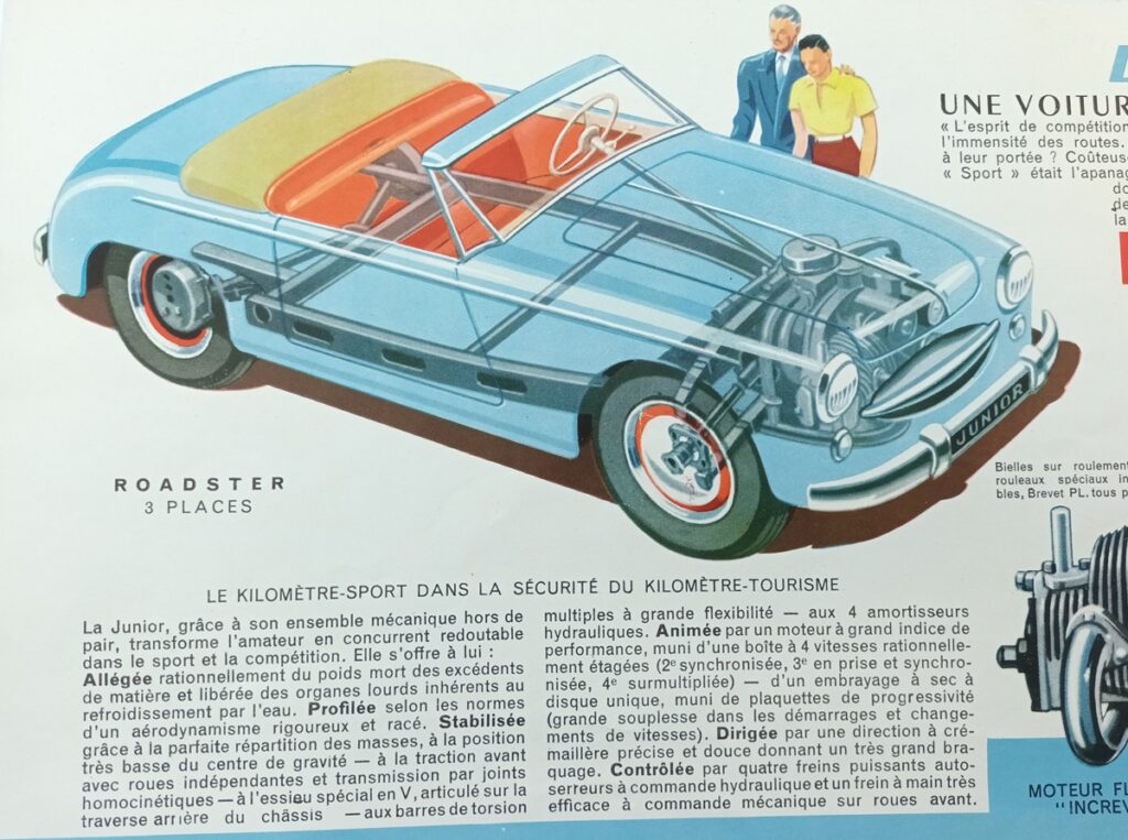 Un père et son fils admirent un roadster Panhard Dyna Junior Bleu clair vue de 3/4 avant dont on voit par transparence le châssis et le moteur avec un texte présentant les techniques et routières de l'auto ( photo d"un catalogue Panhard 1953)