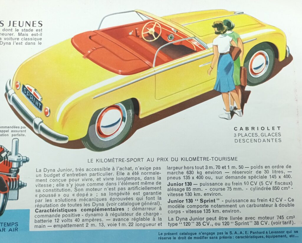 Deux jeunes femmes admirent un cabriolet Panhard Dyna Junior Jaune avec un intérieur brun rouge vue de 3/4 arrière, avec un texte énumérant des caractéristiques techniques de l'auto ( photo d'une page d'un catalogue Panhard de 1953) 