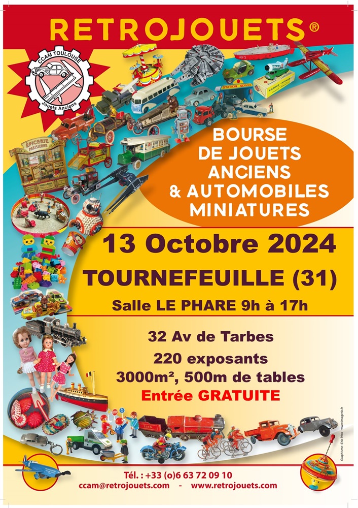 Affiche illustrant la Bourse Rétrojouets de Tournefeuille qui aura lieu dimanche 13/10/2024