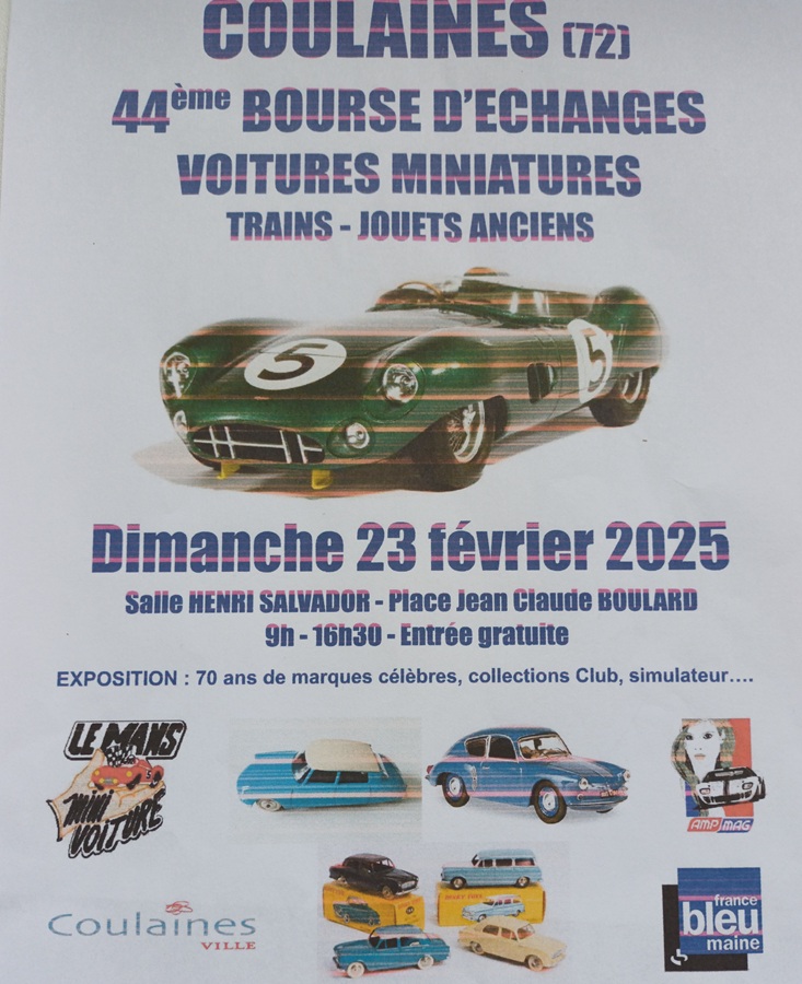 Affiche de la bourse de Coulaines 2024 montrant l'Aston Martin 3 litres vainqueur des 24h du Mans 1959