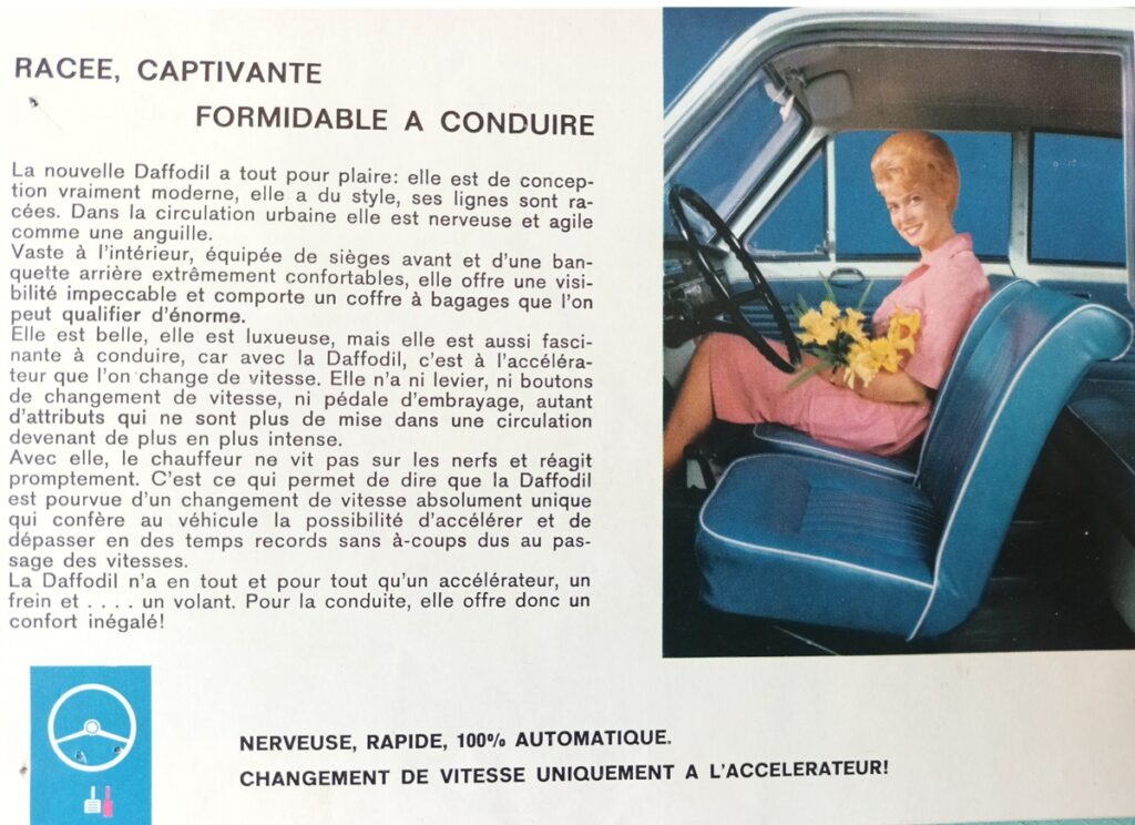 dessins des places avant de la Daffodil 31 avec une femme blonde tenant dans ses mains un bouquet de jonquilles