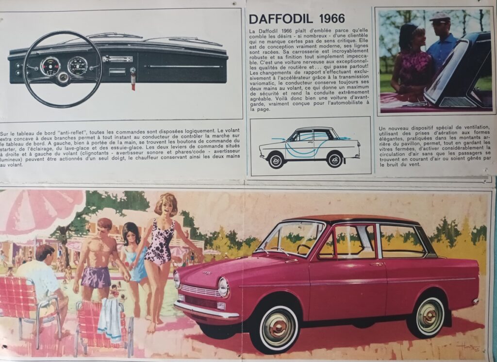 extrait d'un catalogue DAF de 1966, Daffodil 750 de 1966 ou DAF 32 vue de 3/4 avant 