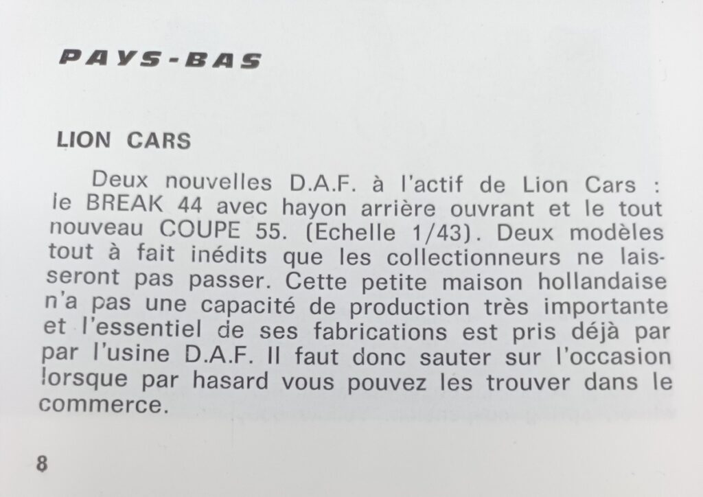 Encart traitant des nouvelles DAF LION CAR, DAF 55 coupé et DAF 44 break extrai de la revue modélisme automobile internationnal de juin 1969