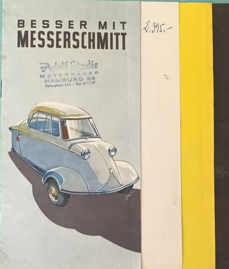 couvertue d'un catalogue Messerschmitt KR 200 avec tampon du concessionnaire et prix de vente