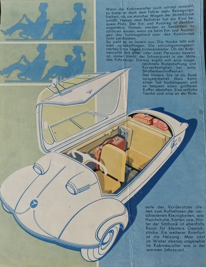 Page d'un catalogue 1955 montrant le dôme basculé dévoilant l'intérieur d'une Messerschmitt KR 200