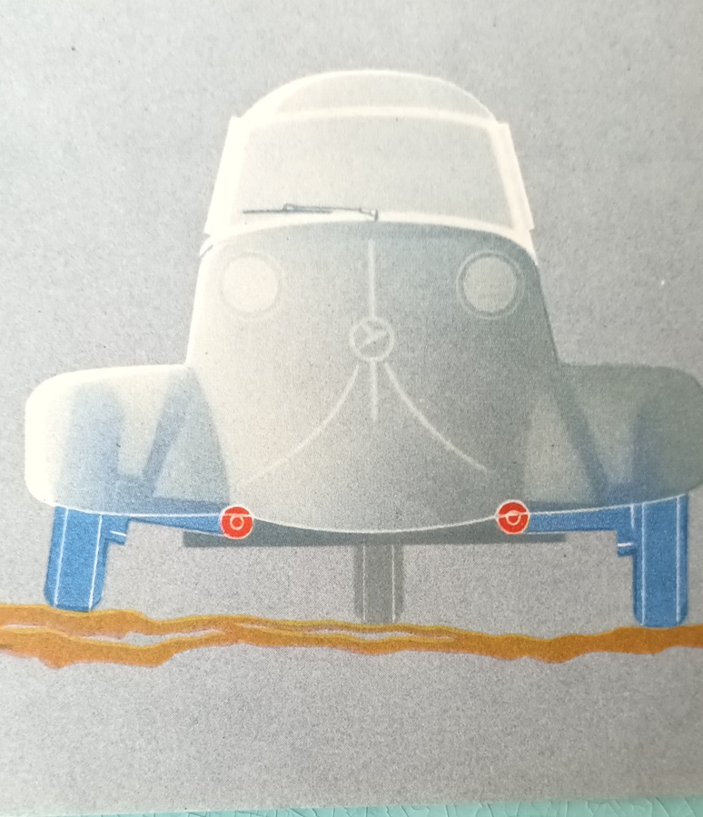 Détail de page du catalogue Messerschmitt KR 200 de 1955 montrant la silhouette avant et par transparence les bras oscillants assurant la stabilité de la voiture