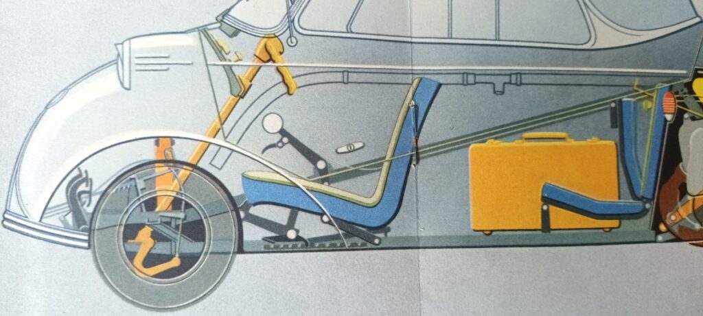Détail d'une page de catalogue de la Messerschmitt KR 200 de 1955 montrant par transparence une vue de l'intérieur d'une KR 200