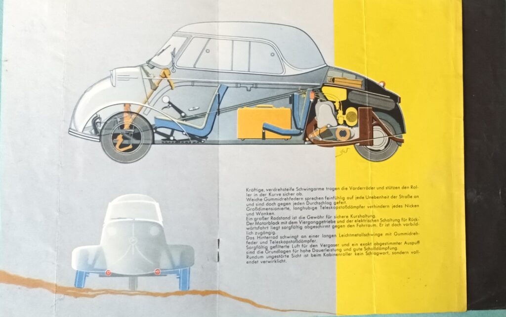 Page de catalogue montrant de profil et en transparence les organes mécaniques d'une Messerschmitt KR 200