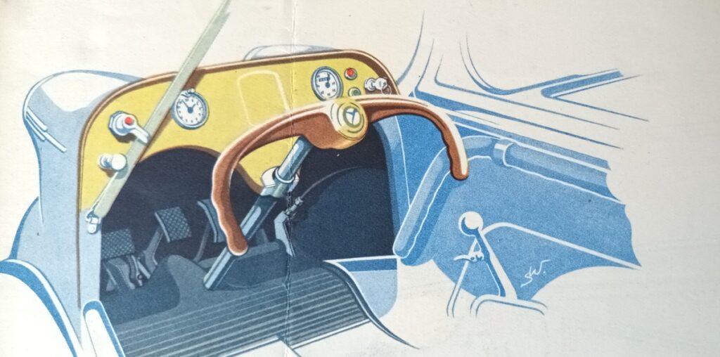 Page de catalogue montrant le tableau de bord et le volant d'une Messerschmitt KR 200
