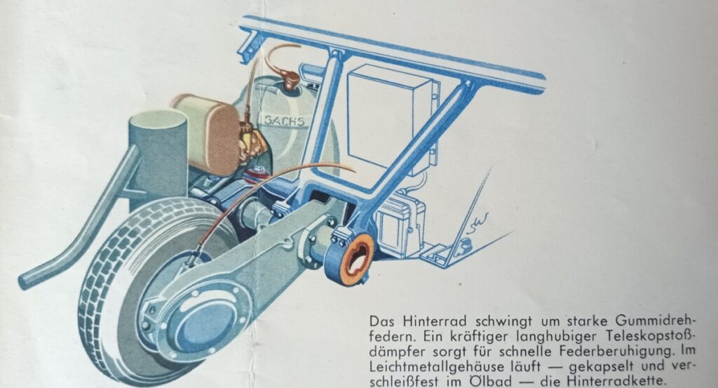 Détail d'une page de catalogue de la Messerschmitt KR 200 de 1955 montrant la conception sophistiquée de la nouvelle KR 200