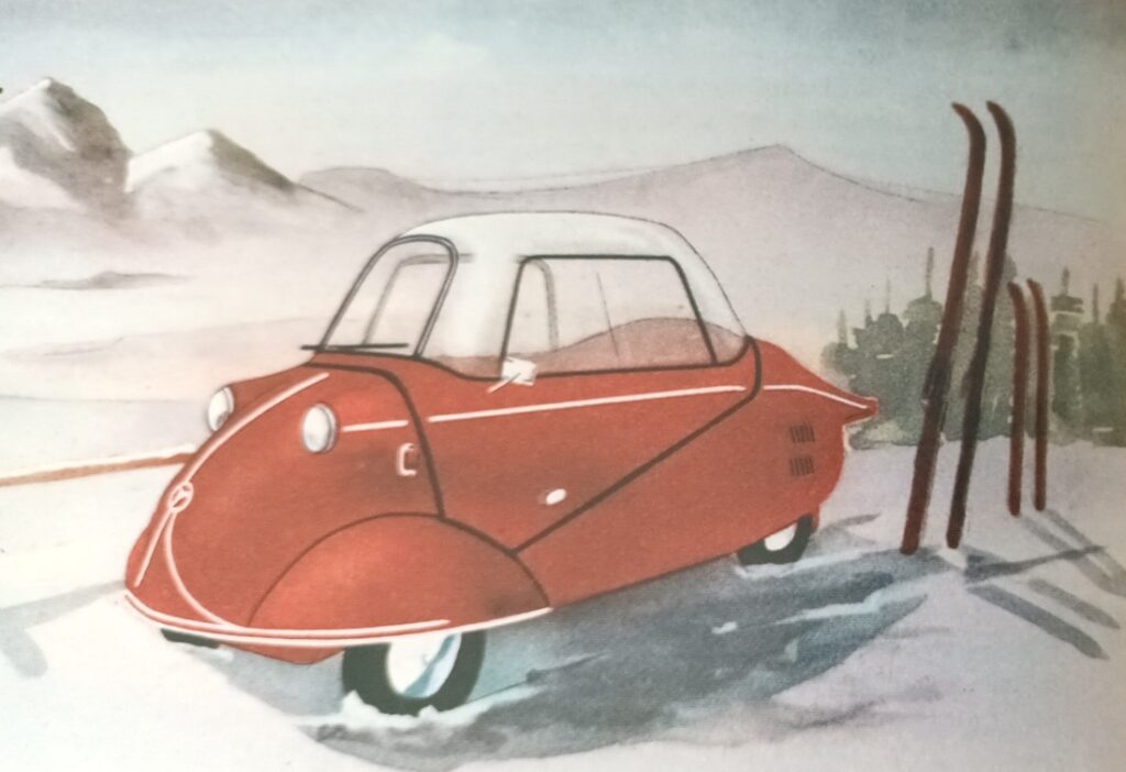 Document ancien présentant une jolie gravure d'une Messerschmitt KR 175 dans un paysage montagnard enneigé
